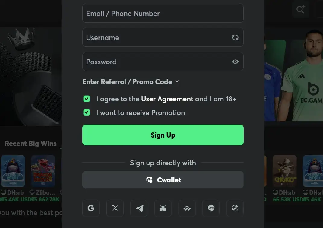 BC.Game new user registration screen (email and password input form)