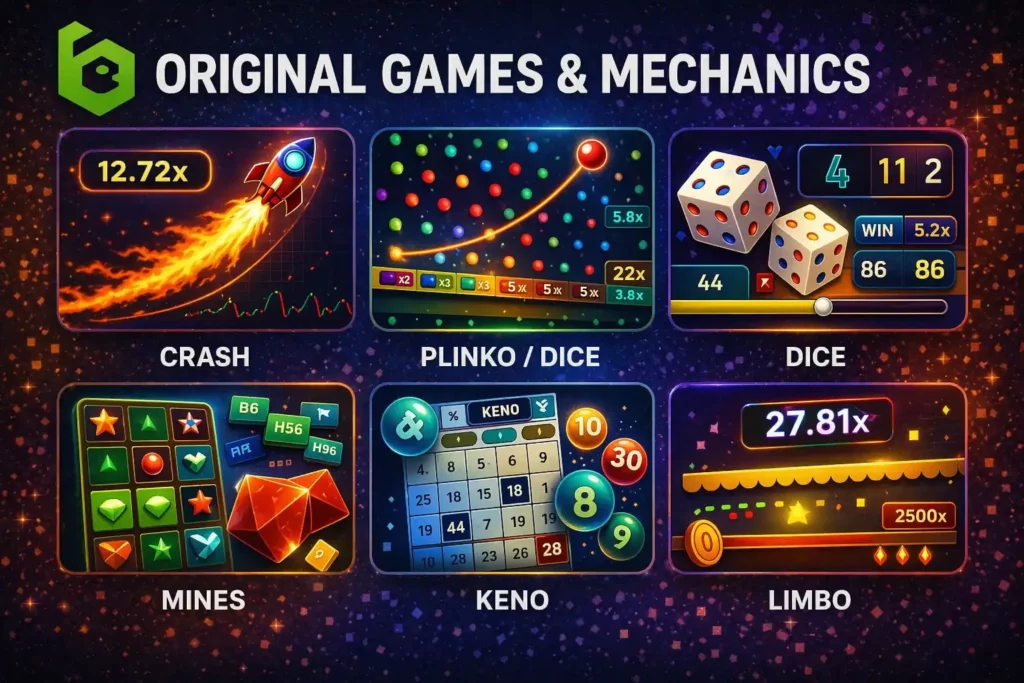 Images representing BC.Game's original games (Crash, Plinko, Dice, Mines, Keno, Limbo)