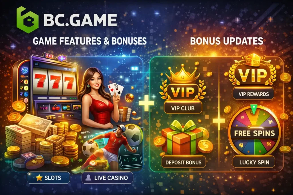 An image illustrating the game structure and bonus features of BC.Game