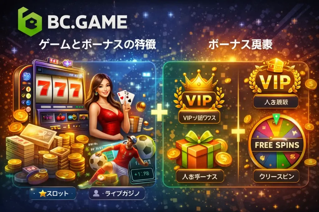 BC.Gameのゲーム構成とボーナス特典を表現したイメージ
