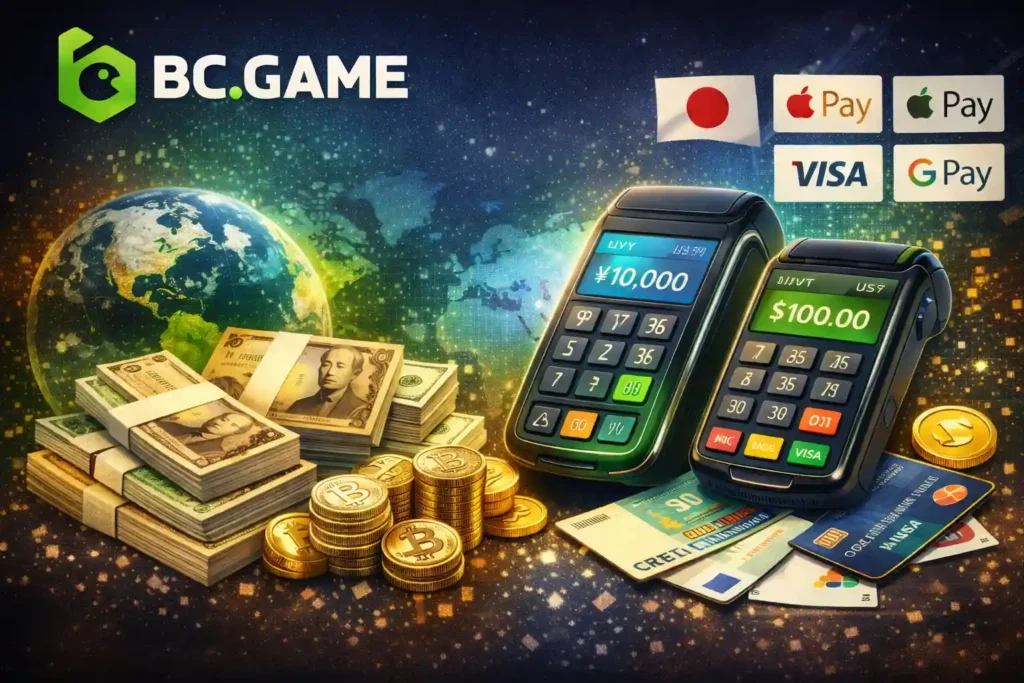 BC.Gameのロゴと日本円・国際決済手段を表現したイメージ