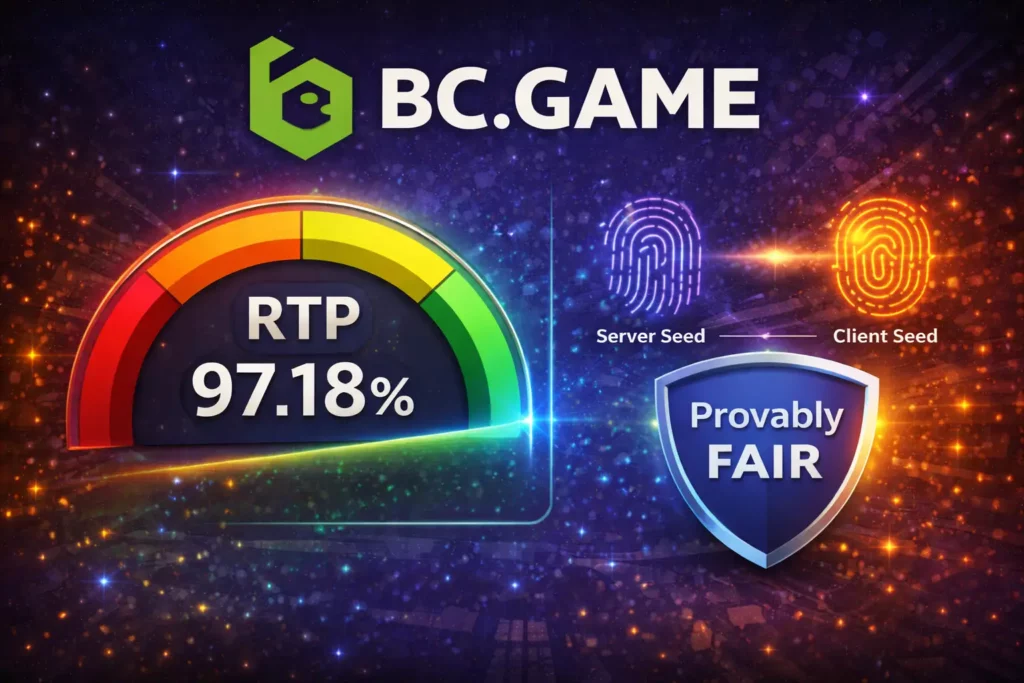 BC.GameのロゴとRTP・Provably Fairの仕組みを示したイメージ